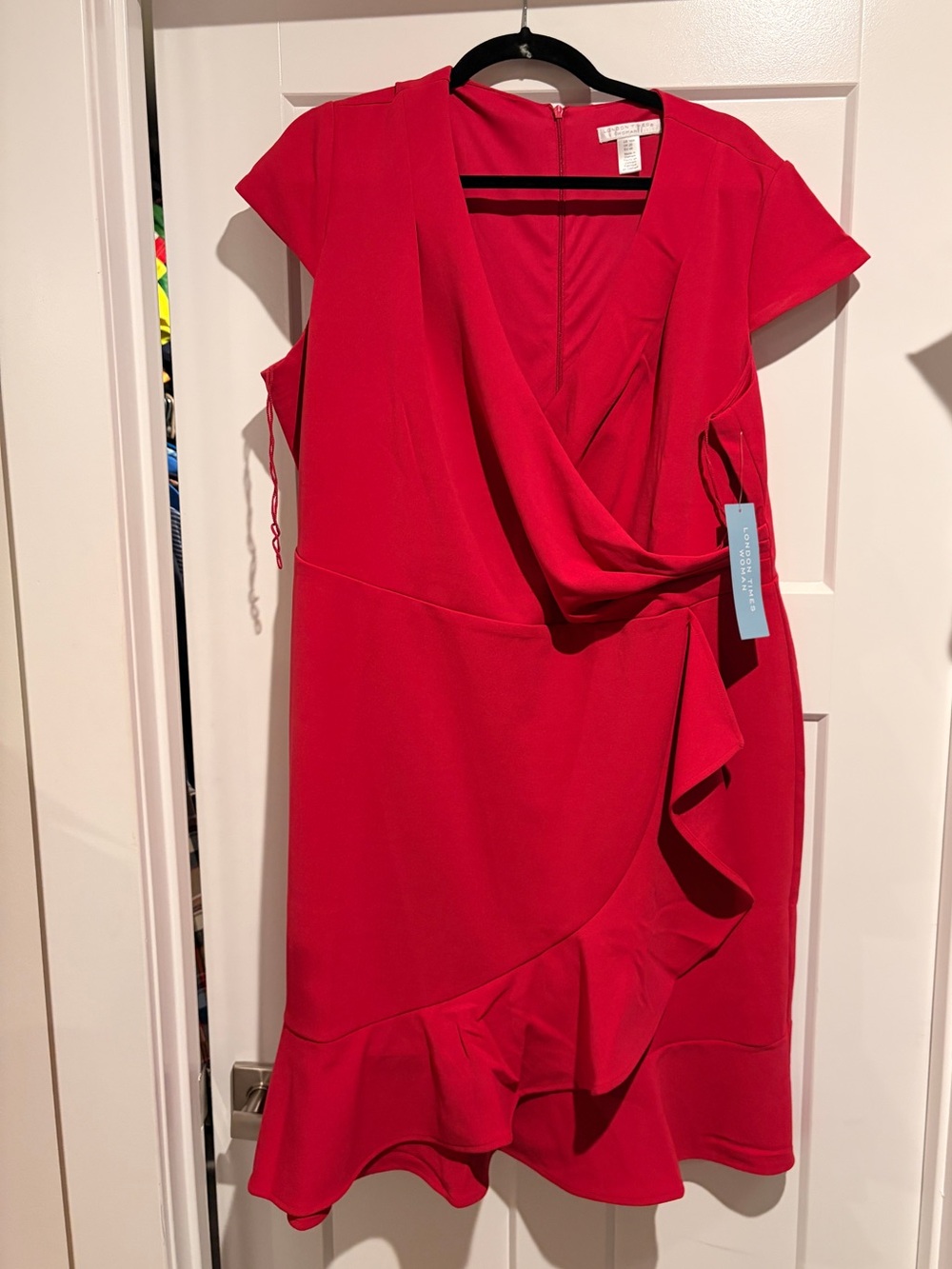 NWT Women’s 16 London Times Vibrant Red Ruffle Wrap-Style Midi Dress
